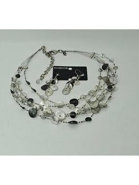 Y2K Bling Party Chicos Necklace and Earrings with Black Silver Beads
